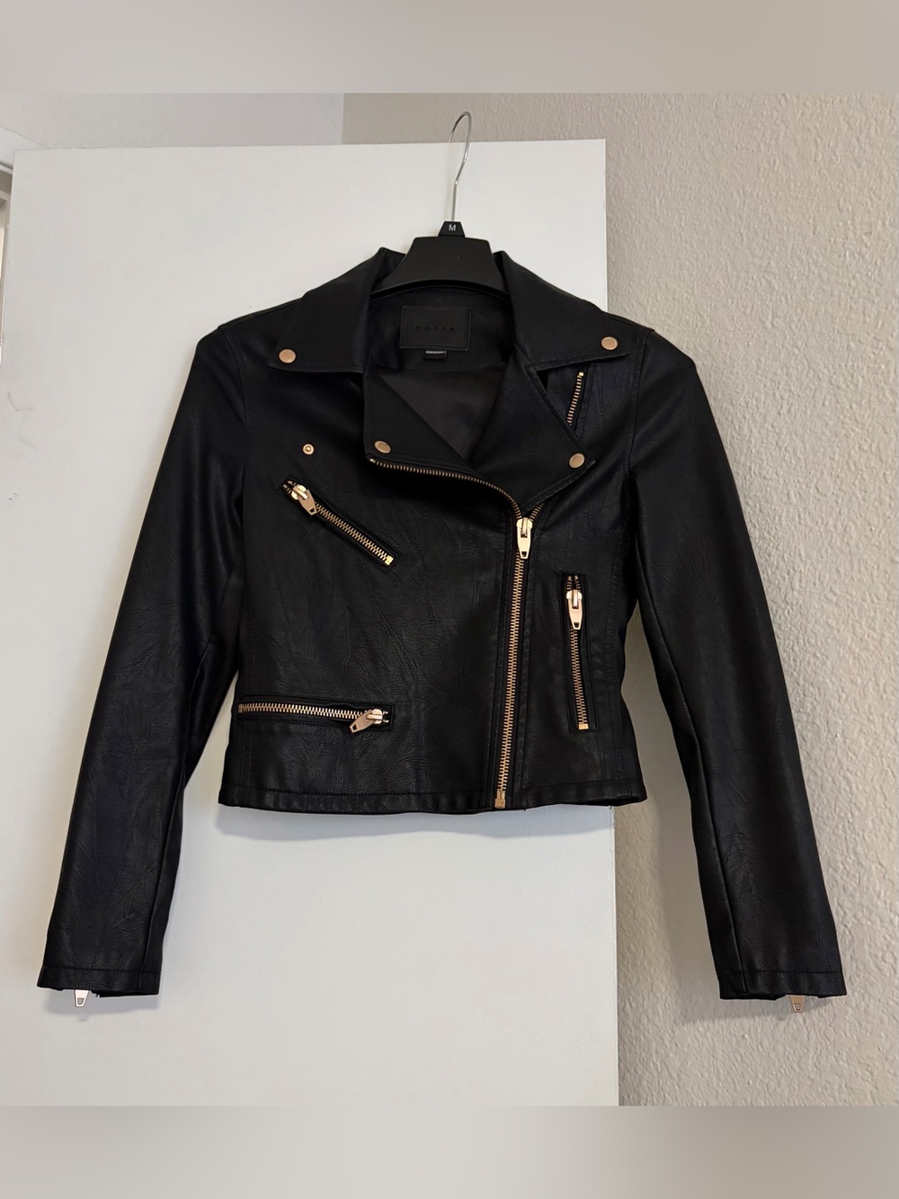 Blank NYC Black Faux Leather Cropped Moto Jacket with Gold Hardware